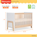 Dream On Me Fisher-Price Iris 4-in-1 Convertible Full-Size Baby Crib in Vintage White Oak, GreenGuard Gold & JPMA, Sustainable Pinewood, Converts to Day & Toddler Bed with Guard Rails & Kids Sofa