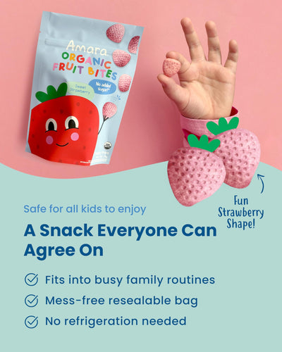 Amara Organic Fruit Bites Sweet Strawberry - No Added Sugar, Dairy-Free, Nut-Free Healthy Fruit Snacks, Made with Organic Whole Foods, Allergy-Friendly Healthy Fruit Snacks for Kids - 21g 6PK