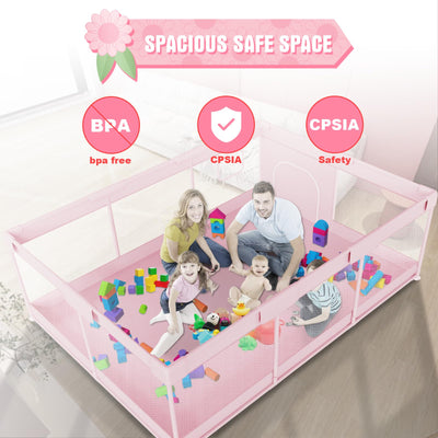 Baby Playpen 74"x50" PlayPen for Babies and Toddlers Pink, Large Play Yards for Indoor & Outdoor with Zipper Gates