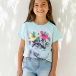 PATPAT Girls Shirts Size 11-12 Blue Cat Print Graphic Tees, Girls Clothes Size 10 12, Crew Neck Short Sleeve Blue Tops Children Clothes Going Out Outfit Preppy Tops