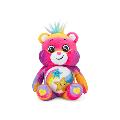 Colorful teddy bear plush toy with rainbow hair on a white background