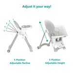 Dream On Me Solid Times High Chair for Babies and Toddlers in Grey, Multiple Recline and Height Positions, Lightweight Portable Baby High Chair, 5 point Safety Harness, Easy to Clean Surface