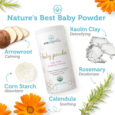 Era Organics USDA Organic Baby Powder Talc-Free - Soothing Arrowroot, Calendula and Cornstarch for Newborn, Babies or Toddlers - Made in USA - 3oz/85g