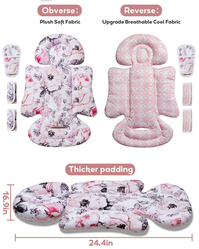 Infant Car Seat Insert, Enlarged Head Support for Baby Carseat, Reversible Newborn Insert with 3 Strap Covers, 2-in-1 Baby Car Seat Cushion for Stroller, Swing, Bouncer, Rocker - Pink Floral