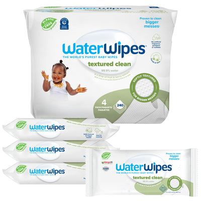 WaterWipes packaging with text and a child's face on a white background