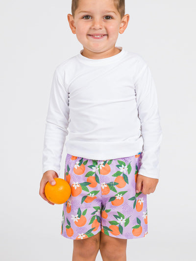 RUGGEDBUTTS Boys UPF50+ Sun Protection Fruits & Florals Swim Trunks - Purple Orange You The Sweetest, 4T