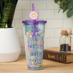 Silver Buffalo Care Bears Groovy “Love That For You” Featuring Grumpy Bear and Harmony Bear Glitter Plastic Cold Cup with Lid and Straw Topper, 24 Ounces