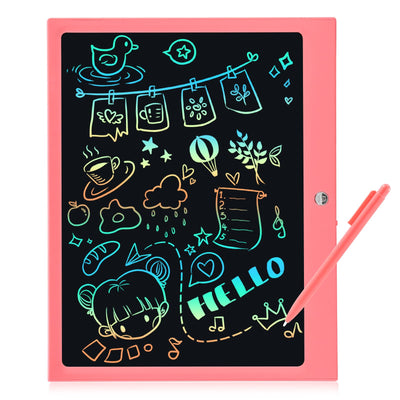 Colorful drawings on a blackboard with a pink frame and pen