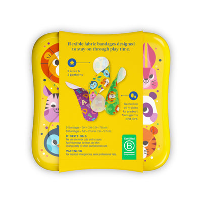Welly Bandages | Adhesive Flexible Fabric Bravery Badges | Assorted Shapes for Minor Cuts, Scrapes, and Wounds | Colorful and Fun First Aid Tin | Zoo Animals Patterns - 48 Count