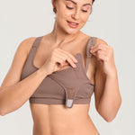 MOMANDA Hands Free Pumping Bra for Breastfeeding Wireless Sports Pumping and Nursing Bra in One with Wide Velcro Straps Brown Purple Medium