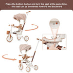 7 in 1 Toddler Tricycle with Parent Push Handle, Removable Pedals & Canopy, 5-Point Safety Harness - Portable Folding Trike Bike for Kids Ages 1-6 Years Old (Ivory and Brown)