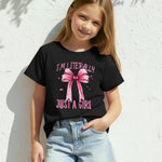 PATPAT Girls T Shirts Size 5-6 Years, Black Bow Print Graphic Tees, Crew Neck Short Sleeve Shirts Kawaii Clothes Cute Outfits Cute Tops