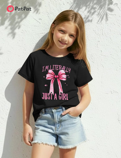 PATPAT Girls T Shirts Size 5-6 Years, Black Bow Print Graphic Tees, Crew Neck Short Sleeve Shirts Kawaii Clothes Cute Outfits Cute Tops