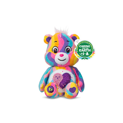 Colorful teddy bear with a heart design on a white background, featuring the Caring for the Earth logo.
