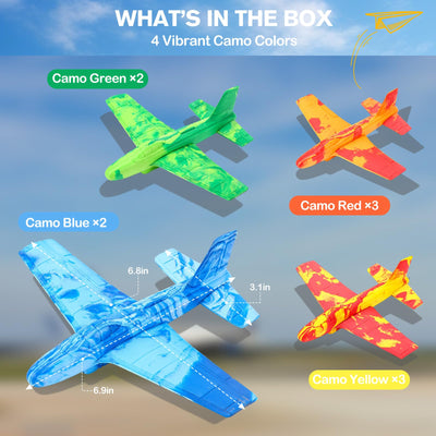 Teyva Daily 10 Pack Airplane Toys, Throwing Foam Planes for Kids Foam Airplanes Gliders Birthday Party Favor Gifts Stocking Filler Stuffer for Kids Boys Girls 8 9 10 11 12 Year Old (Camouflage Colors)