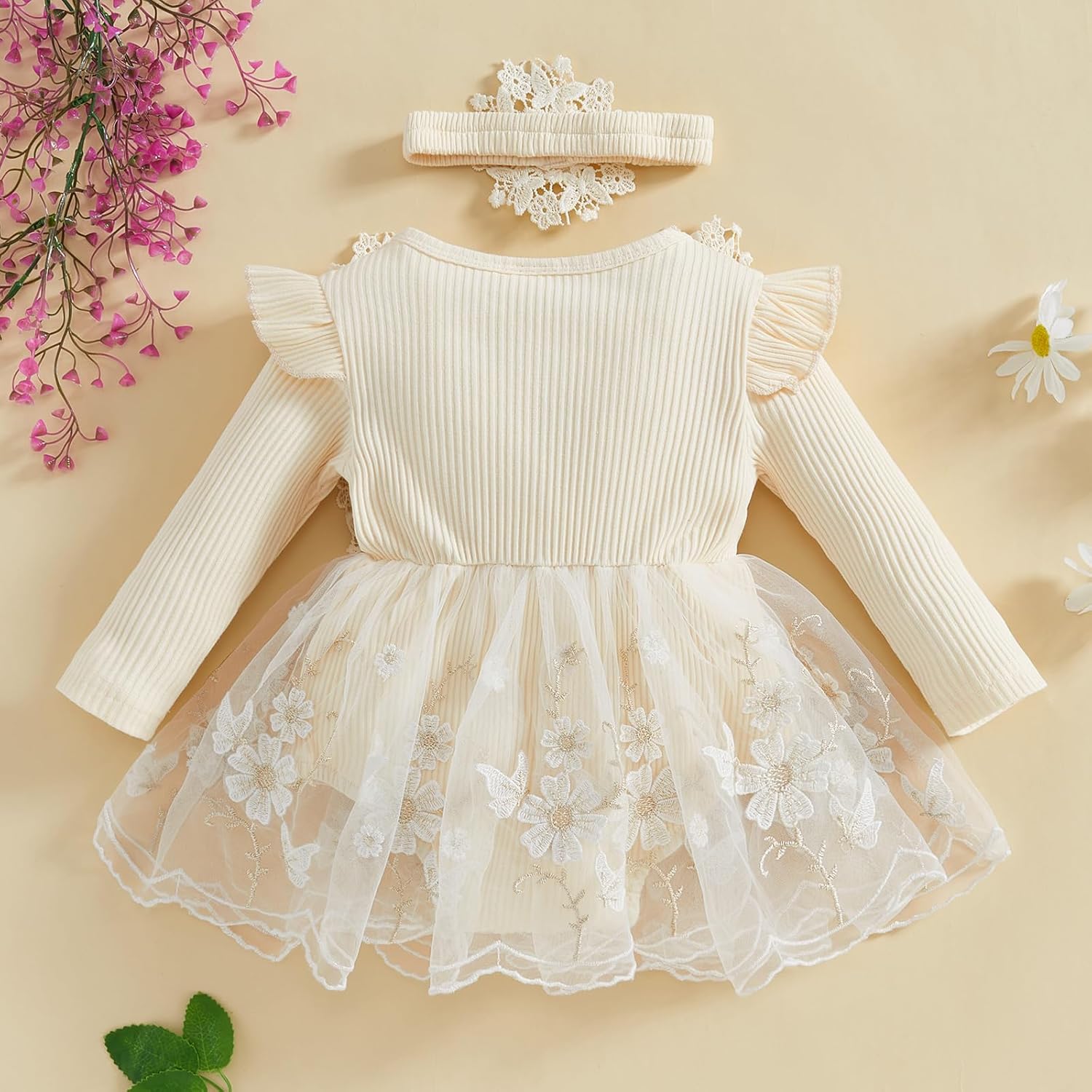 Baby Girl Romper Dress Baby Dress Romper Lace Flowers Infant Fall Winter Festival Clothes with Headband