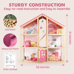 Tiny Land Wooden Dollhouse for Girls - 6 Rooms Wooden Doll House, DIY Pretend Doll House with 32Pcs Furniture Accessories, Creative Gift for Girl Ages 3+