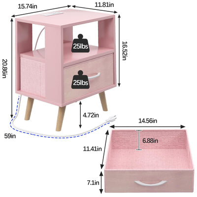 Aenuert Night Stand with Charging Station, Pink Kids Nightstand with Drawer, 2-Tier Nursery Bedside Table with USB Ports and Outlets, End Table for Small Space, Living Room, Bedroom