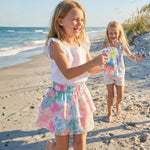 Girls' Floral Skirt Elastic Waistband Cotton Tiered Skirt with Built-in Shorts D-Pink