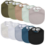 Collection of colorful baby bibs arranged in a grid on a white background