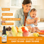 Certified Organic Vitamin D3 Drops - for Baby - 400 IU per Drop - 490 Servings - Development and Maintenance of Bones and Teeth - GMO Free - Gluten Free – 0.45 fl oz (13.5 ml)