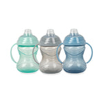 Three Nuby sippy cups in green, gray, and blue on a white background