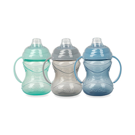 Three Nuby sippy cups in green, gray, and blue on a white background