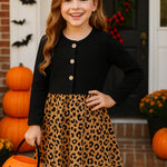 PATPAT Toddler to Big Kid Cotton Dress with Matching Cardigan – Ideal for Seasonal Wear, Black Leopard, 5-6 Years