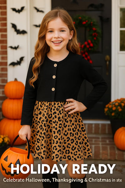 PATPAT Toddler to Big Kid Cotton Dress with Matching Cardigan – Ideal for Seasonal Wear, Black Leopard, 5-6 Years