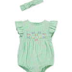 Little Me Clothes for Baby Girls' Stripe Floral Bubble with Headband, Green Stripe, 12 Months