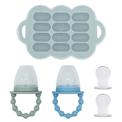 Baby teether and food storage set with blue and clear components on a white background
