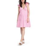 Motherhood Maternity Women's Short Flutter Sleeve Tiered Pregnancy Dress, Red/White Gingham, Medium