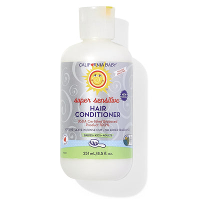 California Baby super sensitive hair conditioner bottle on a white background