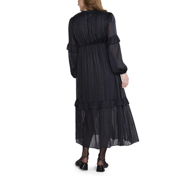 Motherhood Maternity Women's Long Sleeve V-Neck Tiered Maxi Pregnancy Dress with Drawstring, Black, Medium
