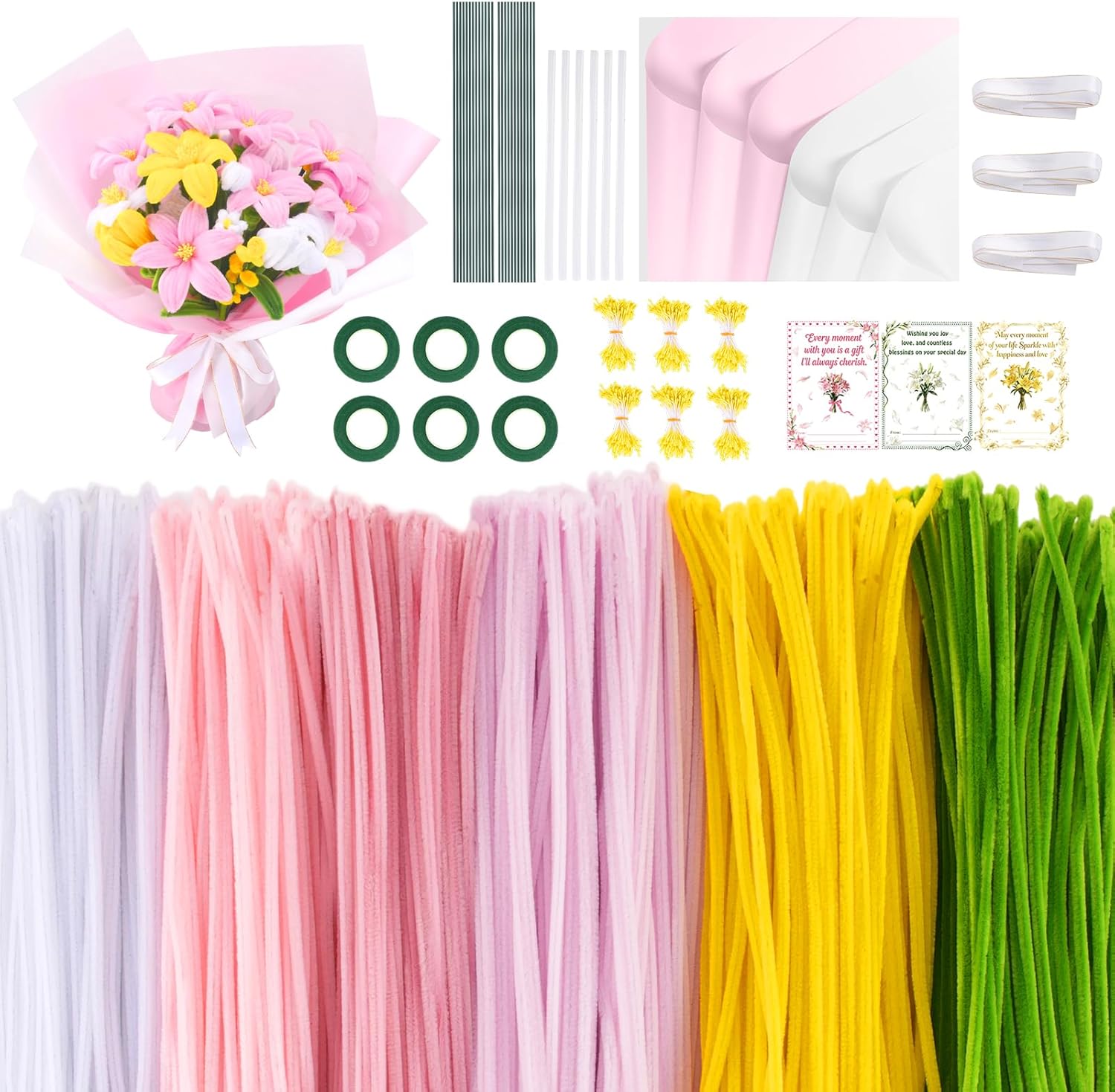 600PCS Pipe Cleaners Craft, Pipe Cleaner Bulk Flower Kit, 6 Colors Chenille Stems Flower Making Kit with Floral Wires, Gardening Tape, Stamen, Floral Wrapping Paper & Ribbon for Art and Craft Supplies