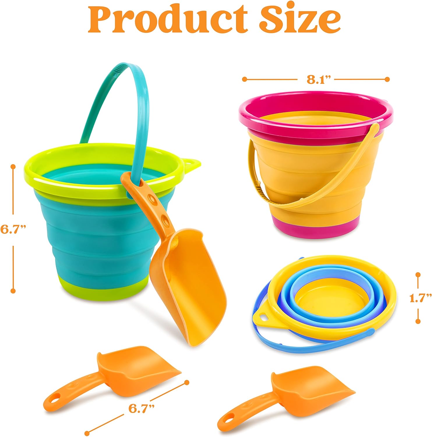 JOYIN 3 Packs Foldable Pail Bucket with Shovels & Mesh Bag, Collapsible Buckets Multi Purpose for Beach, Camping Gear, Beach Party, Fishing, and Fun Summer Activities (Yellow/Blue/Green)