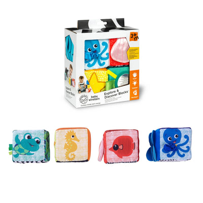 Set of colorful baby discover blocks with packaging on a white background