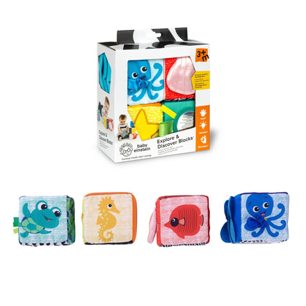 Set of colorful baby discover blocks with packaging on a white background