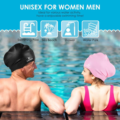 Large Long Hair Swim Cap with Extra Room for Women Men, Silicone Swimming Cap for Long Thick Hair with Ear Plugs Nose Clip Set, Adult Waterproof Swim Hats Bathing Caps to Keep Hair Dry(Black)