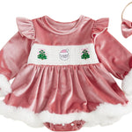 Baby Girl Christmas Outfit Velvet Bow Smocked Bubble Romper Ruffle Onesie Bodysuit Infant Fall Winter Clothes