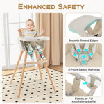 BABY JOY Convertible Baby High Chair, 3 in 1 Wooden Highchair/Booster/Chair with Removable Tray, Adjustable Legs, 5-Point Harness, PU Cushion and Footrest for Baby, Infants, Toddlers (Beige)