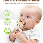 Wooden Baby Rattle, Handmade Crochet Stuffed Animal Organic Rattle Toys, Beige Bear Rattles for Babies 0-6-12 Months with Wood Teething Rings, Baby Announcements Ideas