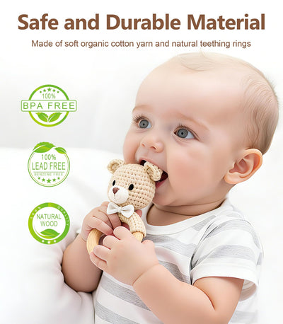 Wooden Baby Rattle, Handmade Crochet Stuffed Animal Organic Rattle Toys, Beige Bear Rattles for Babies 0-6-12 Months with Wood Teething Rings, Baby Announcements Ideas