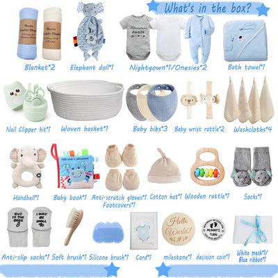30-Piece Baby Shower Gifts for Boys, Newborn Essentials Must Haves,Large Baby Boy Gift Basket Set Essential Stuff,Gender Reveal Gifts,Rattle Swaddle,Blue,Baby Registry Search,Diaper Caddy Organizer