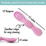 Pink measuring spoon with measurements and text on a white background