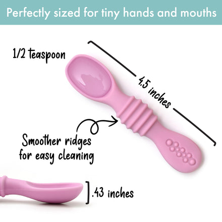 Pink measuring spoon with measurements and text on a white background
