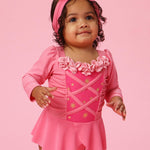 RuffleButts Baby Girls UPF50+ Princess Dress-Up Long Sleeve One Piece Swimsuit - Royal Pink Princess, 12-18 Months