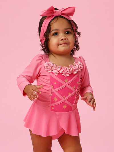 RuffleButts Baby Girls UPF50+ Princess Dress-Up Long Sleeve One Piece Swimsuit - Royal Pink Princess, 12-18 Months
