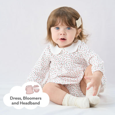 pureborn Baby Girls Long Sleeve Cotton Dress with Bloomer Playwear Dress with Headband Pink Flower 9-12 Months