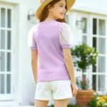 PATPAT Girls Puff Sleeve Top Size 10-11 Ribbed Short Sleeve Purple Mesh Blouse Girls Purple Dress Shirt Cute Preppy Clothes Kids Smocked Blouse Tunic Tops